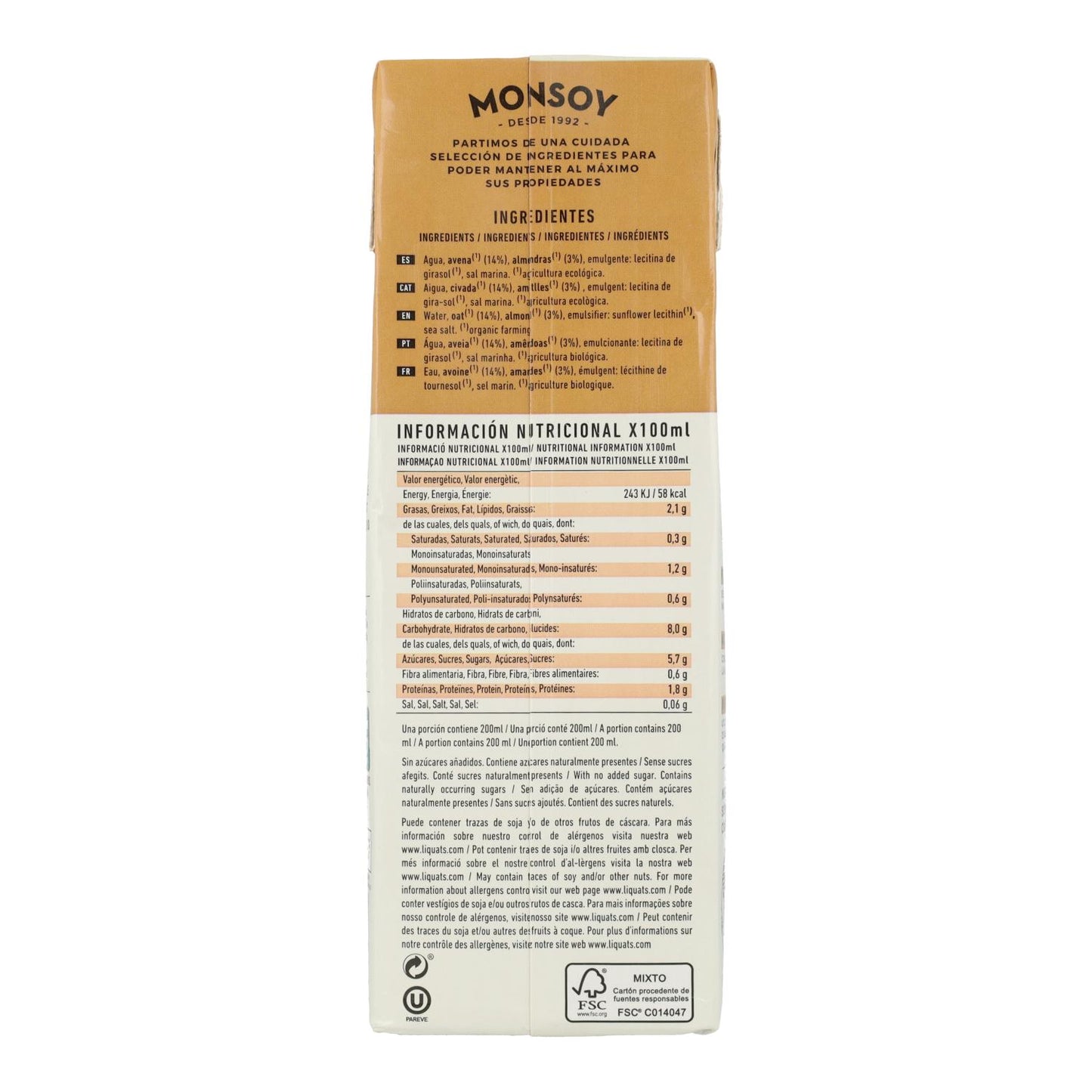 Lot de 6 bouteilles de boisson bio Monsoy à l'avoine et aux amandes (1 L).