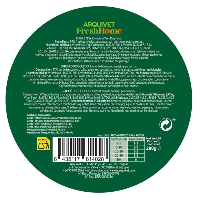 Arquivet Fresh Home Pork Stew Nassfutter für Hunde mit Schweinefleisch 280 g