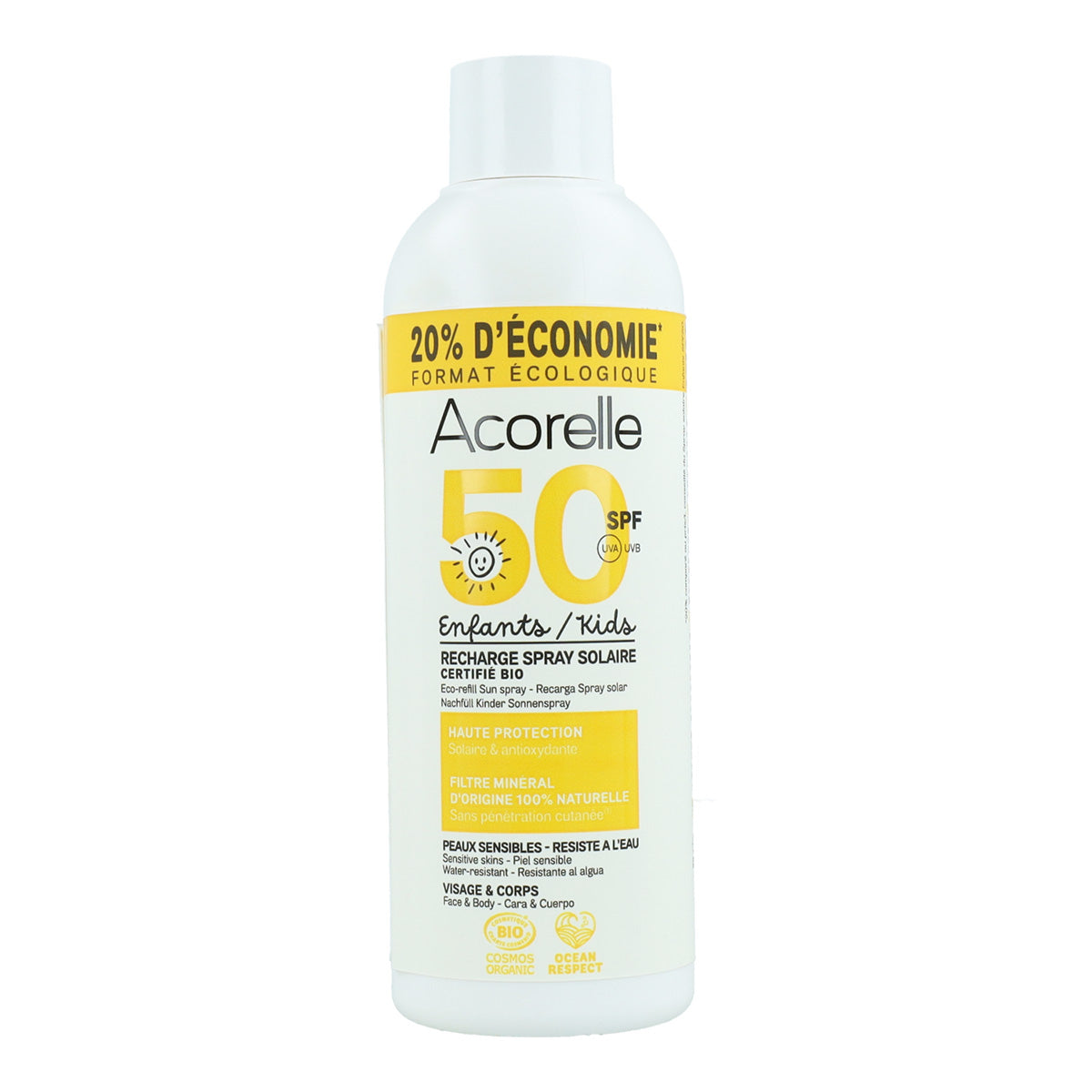 Ricarica spray solare alta protezione per bambini SPF50 Acorelle 150 ml