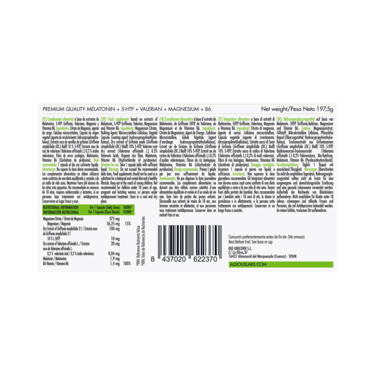 Melatonina z magnezem, 5-HTP, walerianą i witaminą B6, 250 kapsułek. Aldous Labs