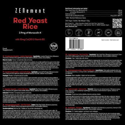 Levure de riz rouge, avec 2,9 mg de monacoline K + 10 mg de CoQ10 + 4 mg de vitamine B3 Zenement, 540 comprimés