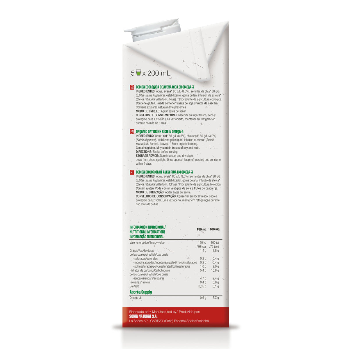 Bevanda biologica all'avena ricca di Omega 3, Soria Natural, 1 L