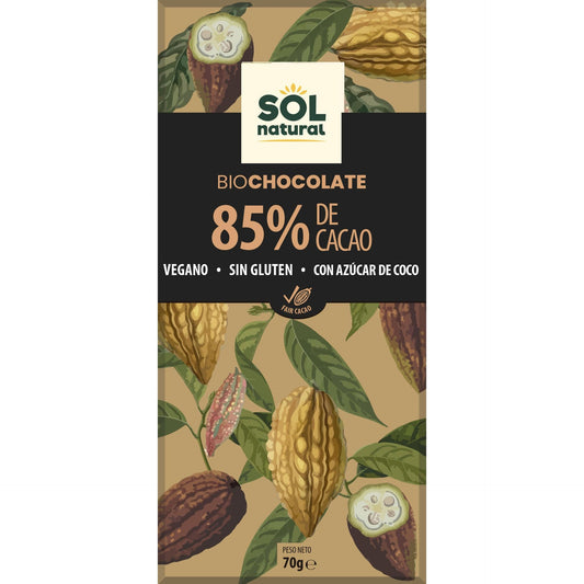 Tablette de chocolat noir végétalien bio Sol Natural 85 % 70 g