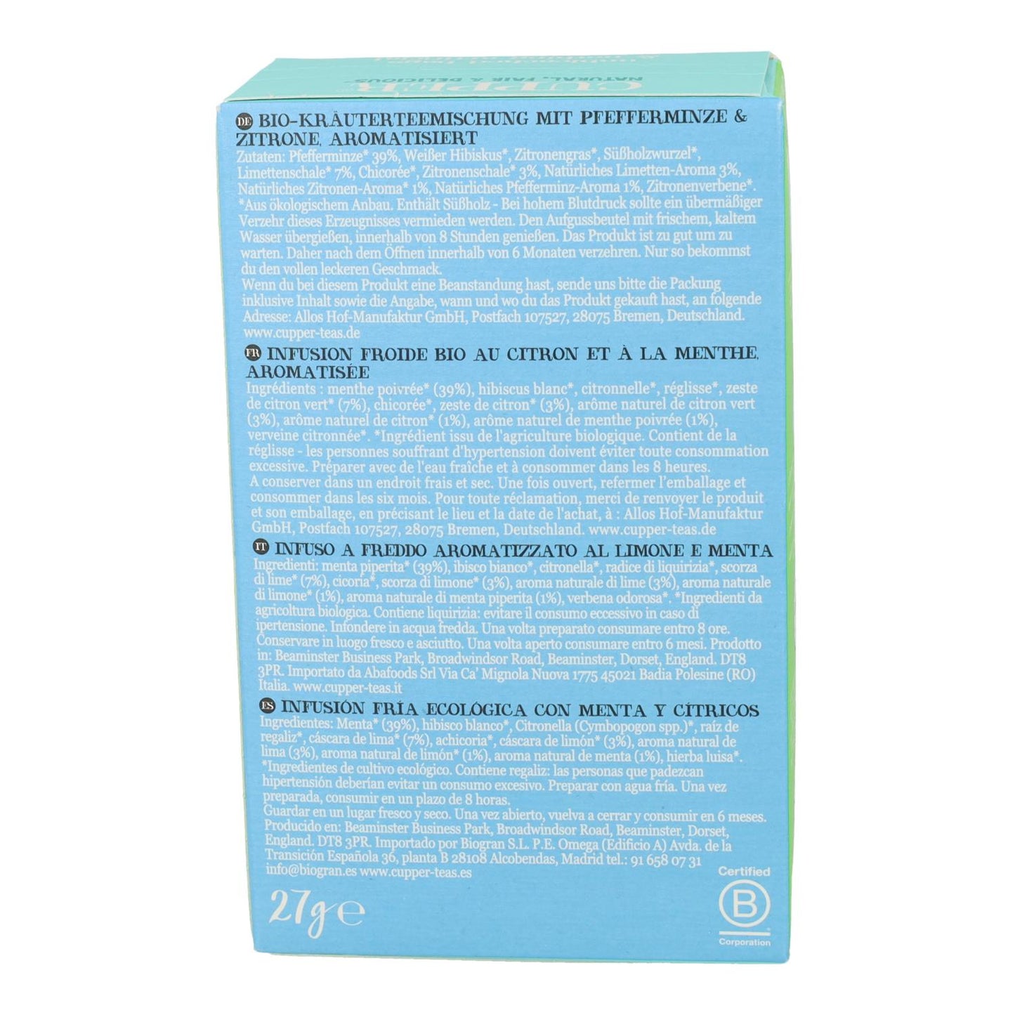 Infuso freddo alla menta e agrumi Bio Cupper 10 bustine