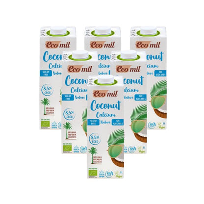 Lot de 6 bouteilles d'Ecomil, boisson à la noix de coco sans sucre enrichie en calcium, 1 L