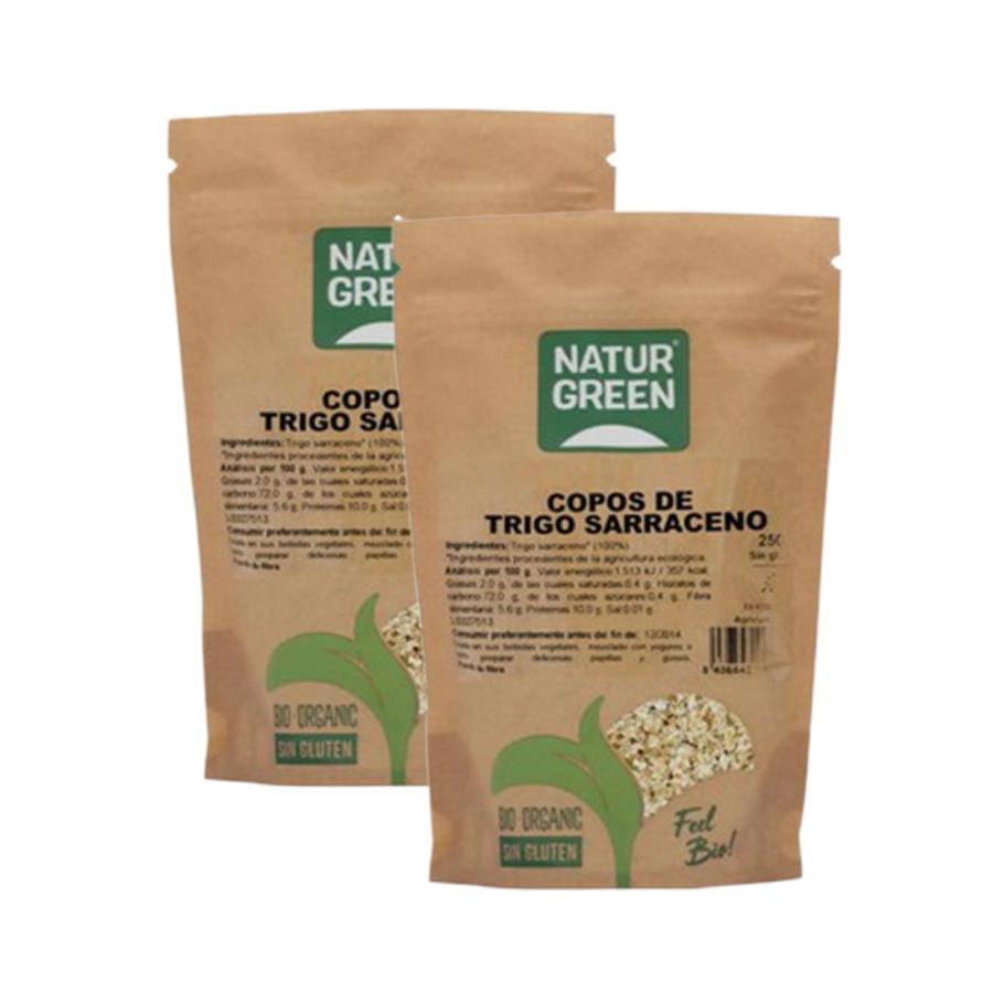 Förpackning med 2 st glutenfria ekologiska boveteflingor Naturgreen 2 st à 250 g