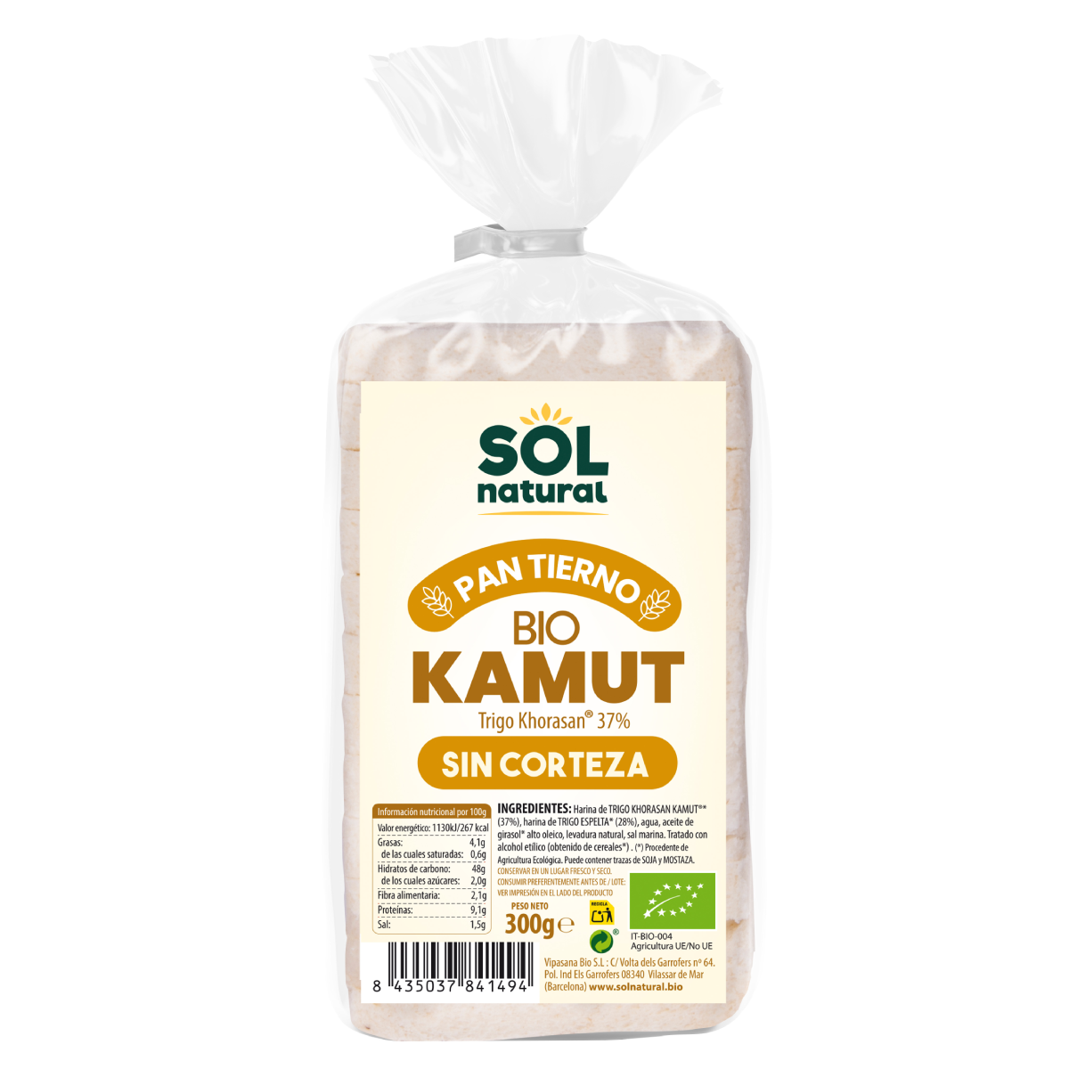 Pain de mie tranché au kamut bio Sol naturel sans croûte 300 g