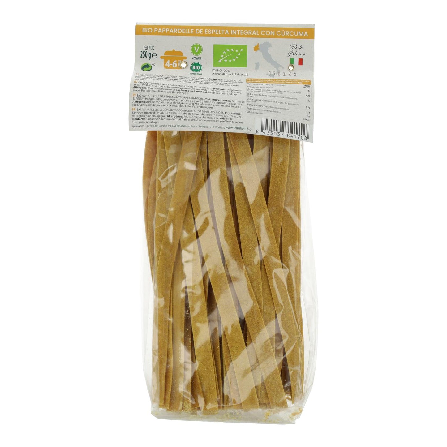 Makaron pełnoziarnisty z kaszą orkiszową i kurkumą BIO Sol Natural 250 g