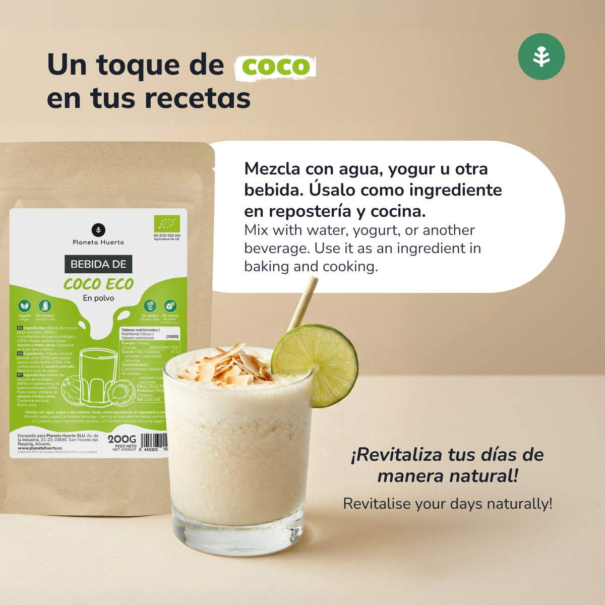Poudre de boisson à la noix de coco ECO Planeta Huerto 200 g
