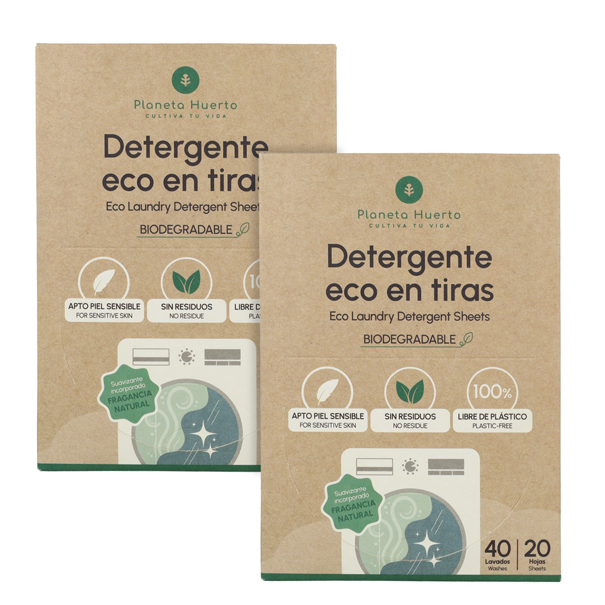 Pack 2x Eco-Tiras lessive et adoucissant Planeta Huerto 80 lavages