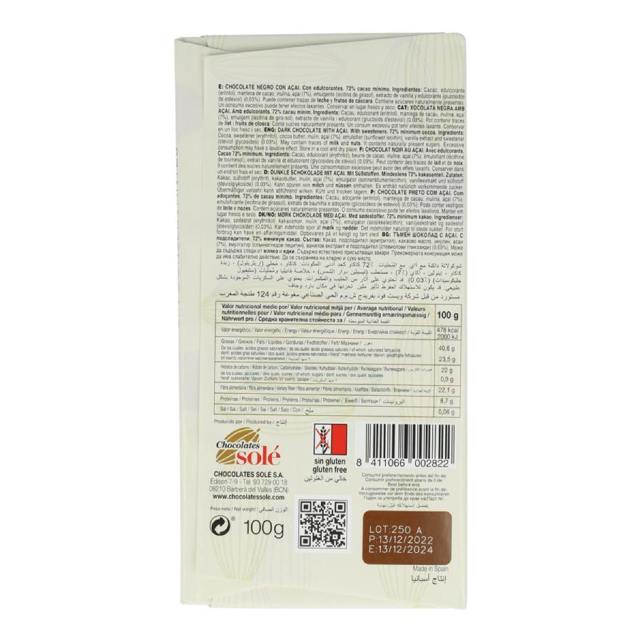 Tablette de Chocolat 72% Stevia Açai Bitter 100g Solé