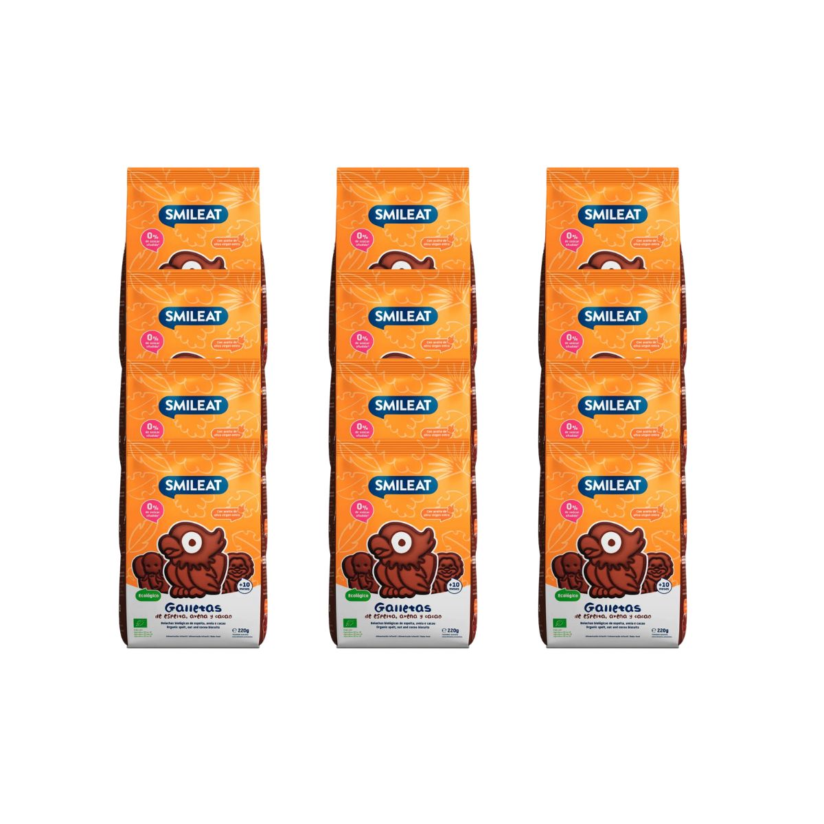 12-pack ekologiska spelt-, havre- och kakaokakor 220 g Smileat