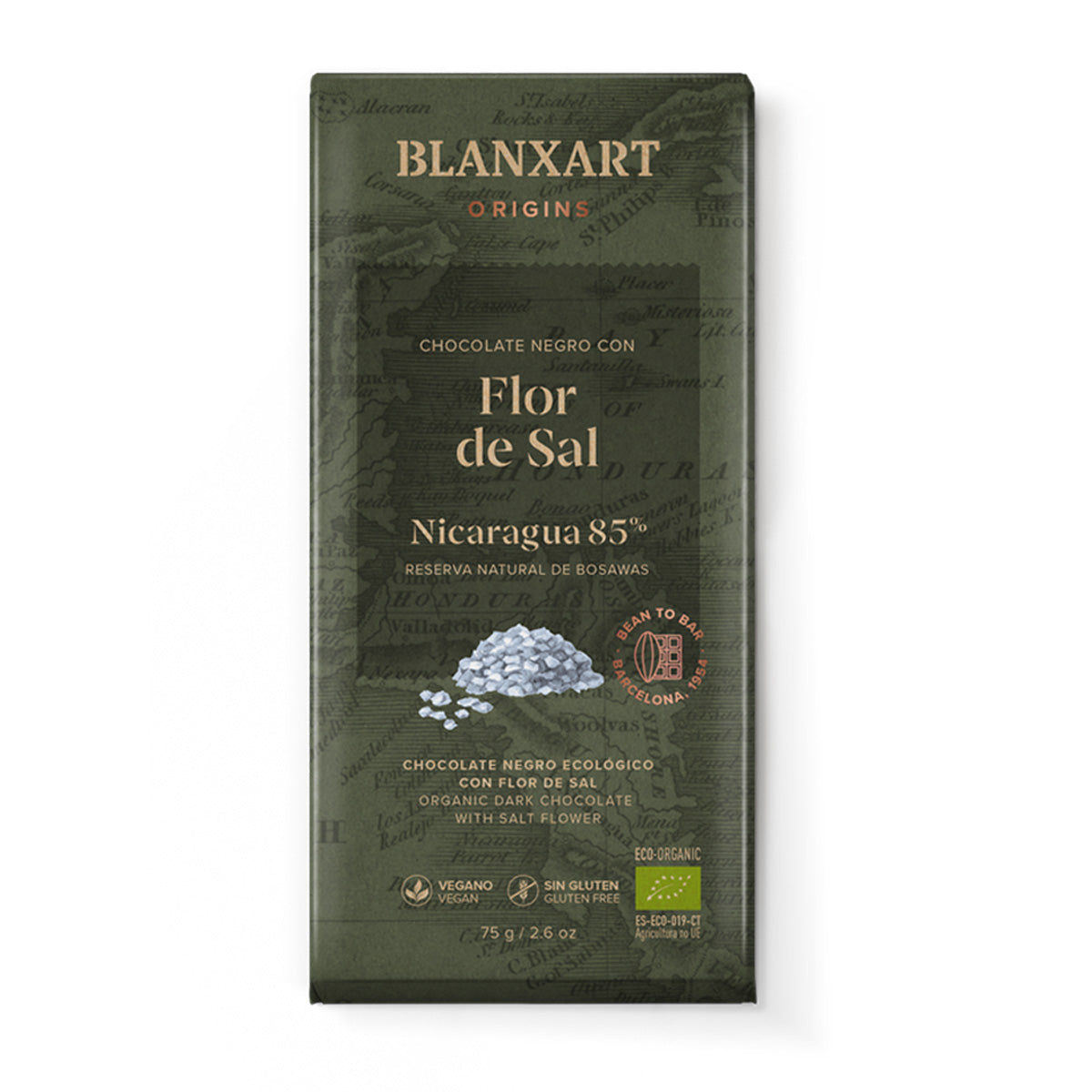 Chocolade Nicaragua 85% met fleur de sel Eco Veganistisch Glutenvrij Blanxart 75 g
