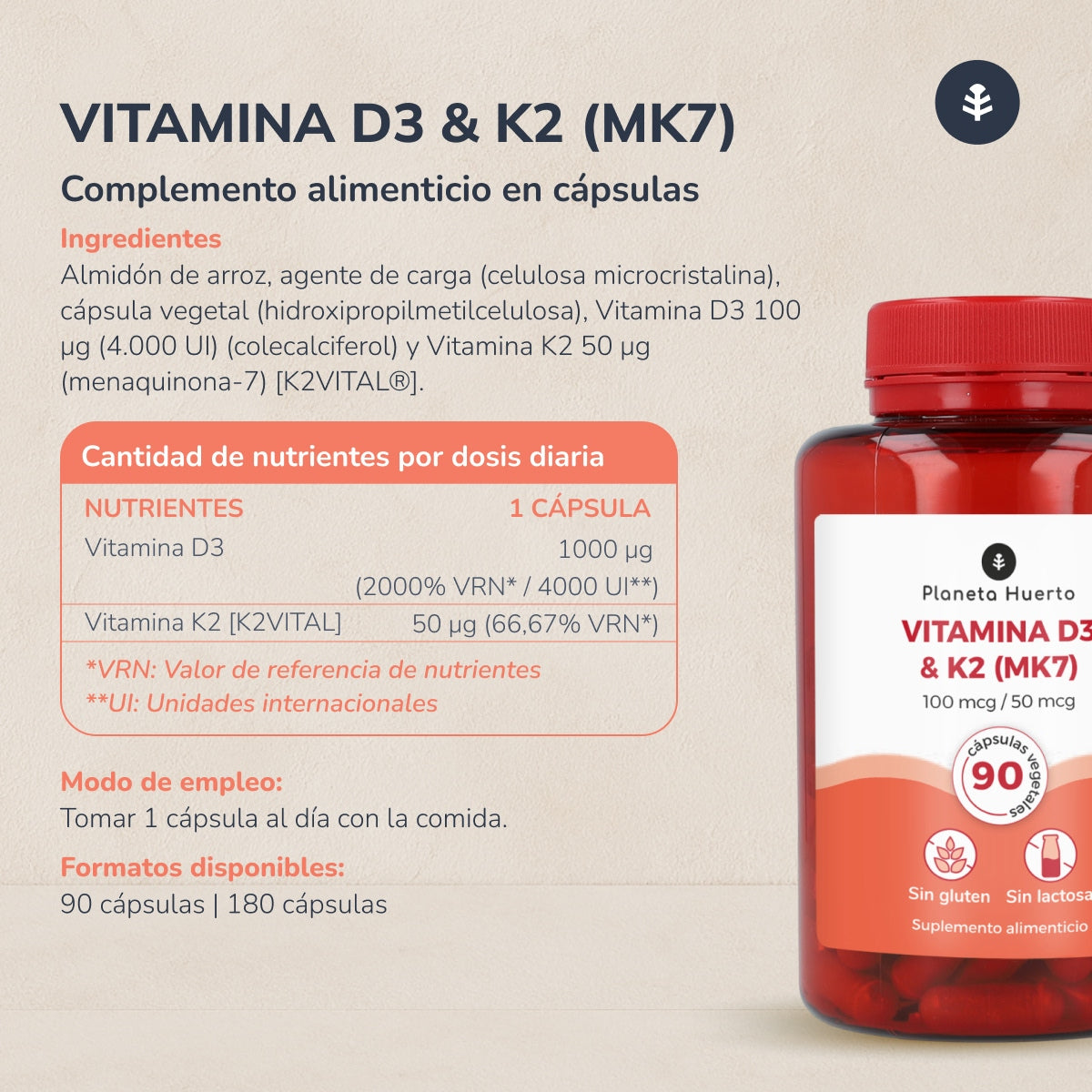 Vitamina D3 e K2 (Mk7) Planeta Huerto 90 Capsule