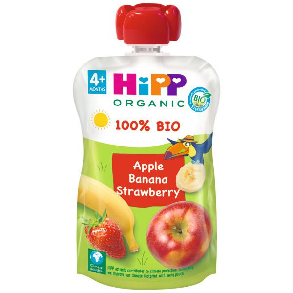 Pochettes Pomme, Banane et Fraise Bio +4 mois HiPP 100 g