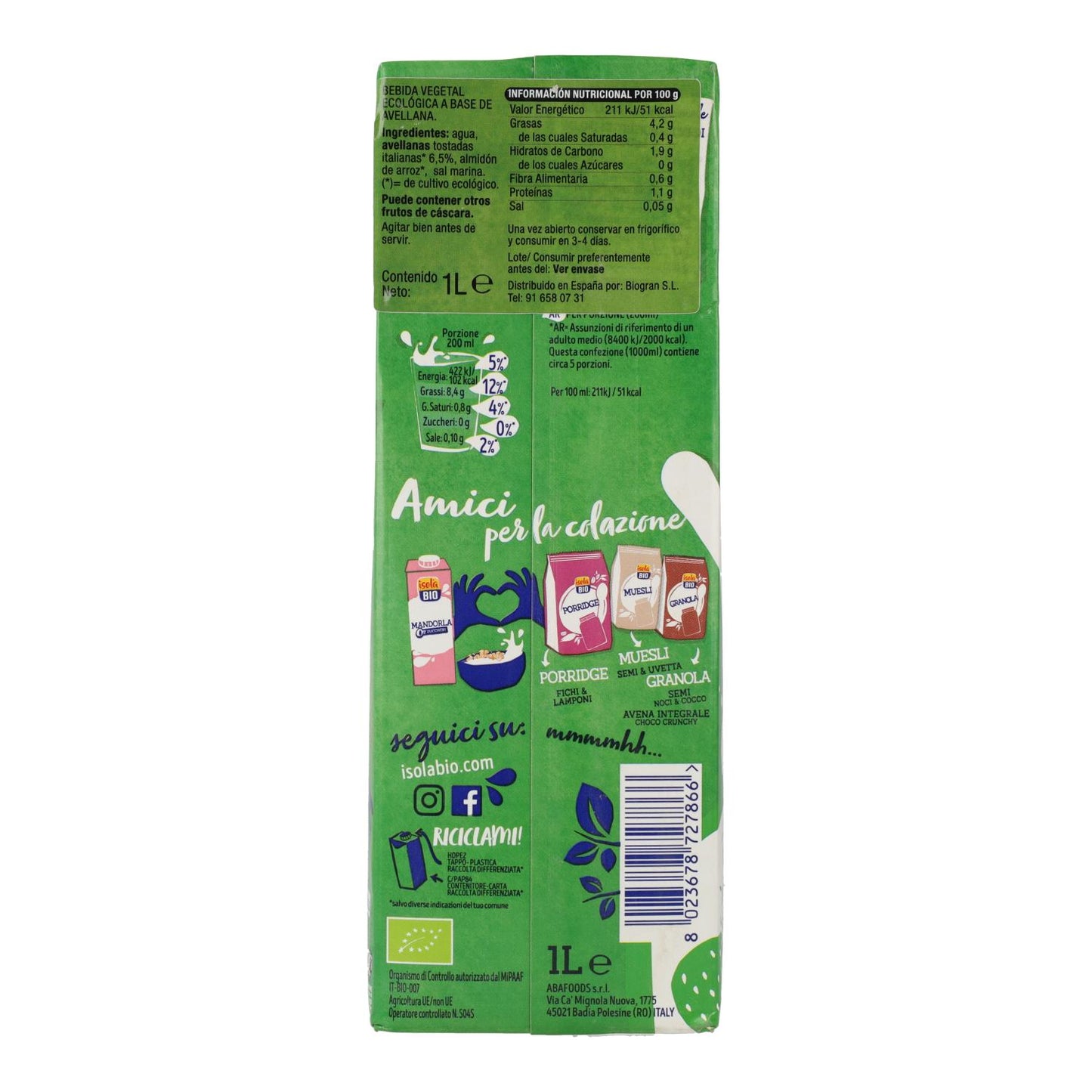 Bebida de Avellana BIO Isola Bio 1 L