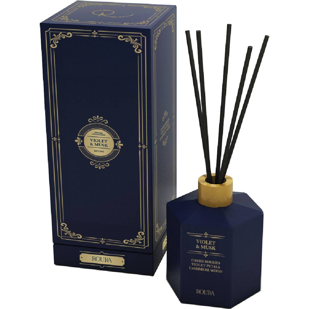 Désodorisant d'ambiance Violet &amp; Musk Roura Mikado 100 ml Cassis, Violette et Bois de cachemire