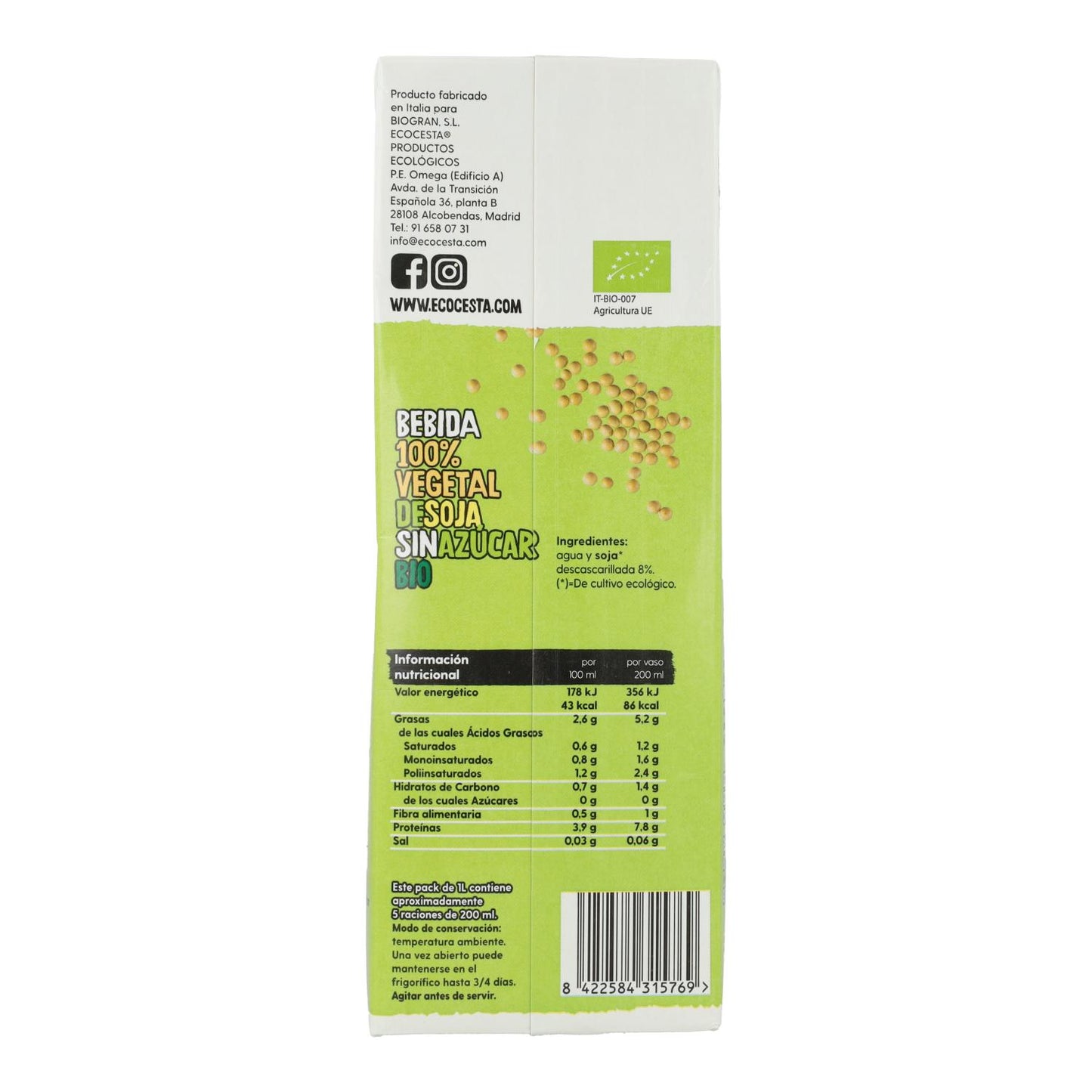 Pflanzliches Getränk Sojaprotein 0 % Zucker Bio 1 l Ecocesta