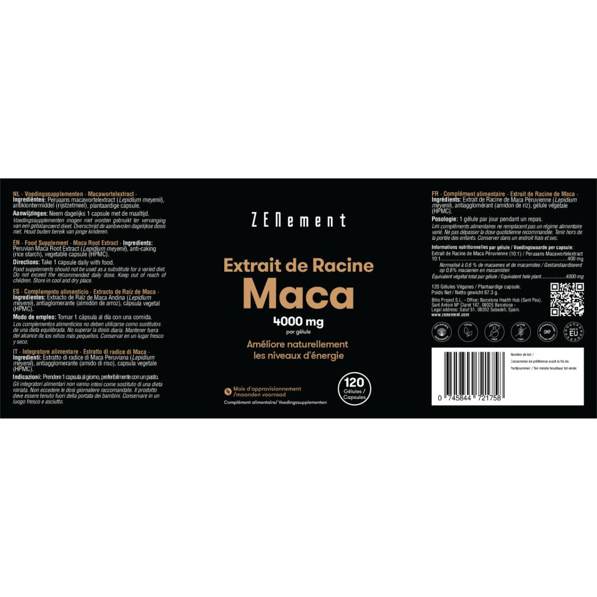 Maca-wortelextract 4000 mg, sterk geconcentreerd 10:1 Zenement, 120 tabletten