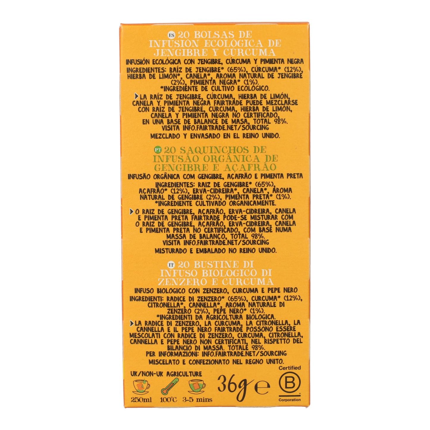 Infusion de gingembre et de curcuma bio de Cupper, 20 sachets de thé