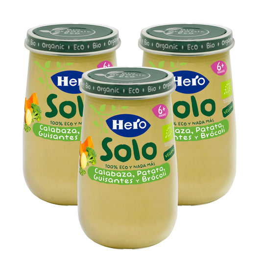 3er-Pack Bio-Gläschen mit Kürbis, Kartoffeln, Erbsen und Brokkoli 190 g-Hero Solo