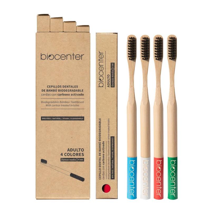 Lot de brosses à dents en bambou et charbon actif pour adultes - 4 couleurs assorties ECOFRIENDLY