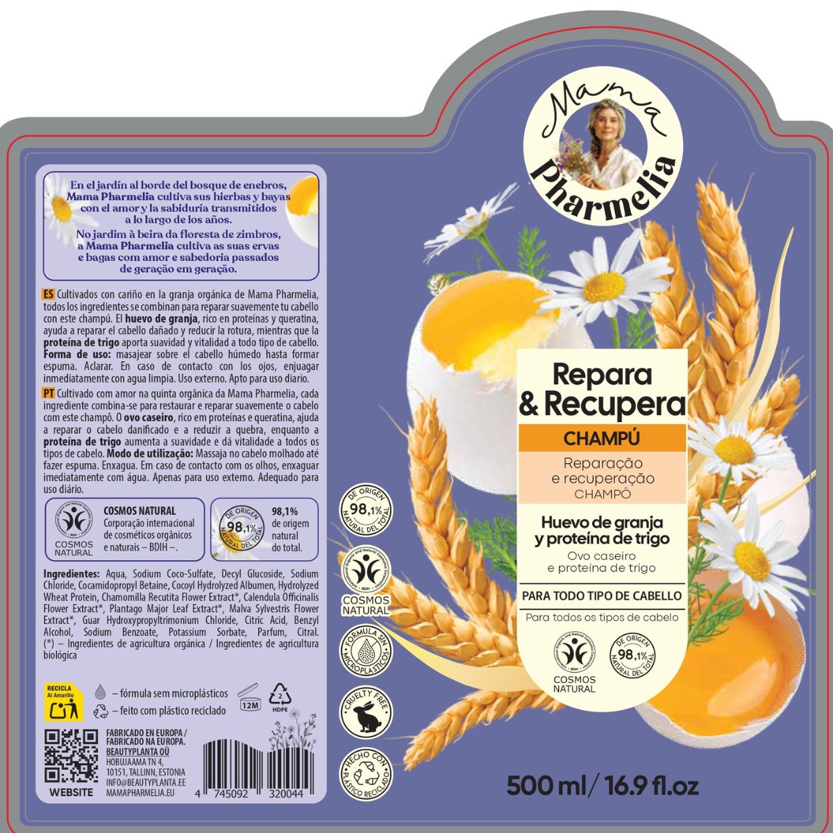 Herstellende en regenererende shampoo met  boerderijeieren en tarwe-eiwitten, Mama Pharmelia, 500 ml