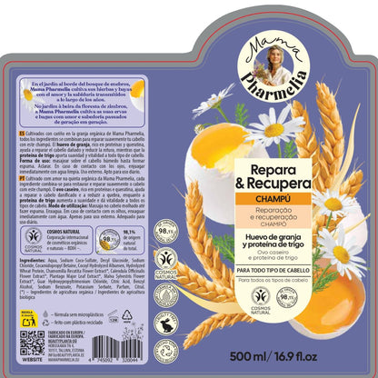 Herstellende en regenererende shampoo met  boerderijeieren en tarwe-eiwitten, Mama Pharmelia, 500 ml