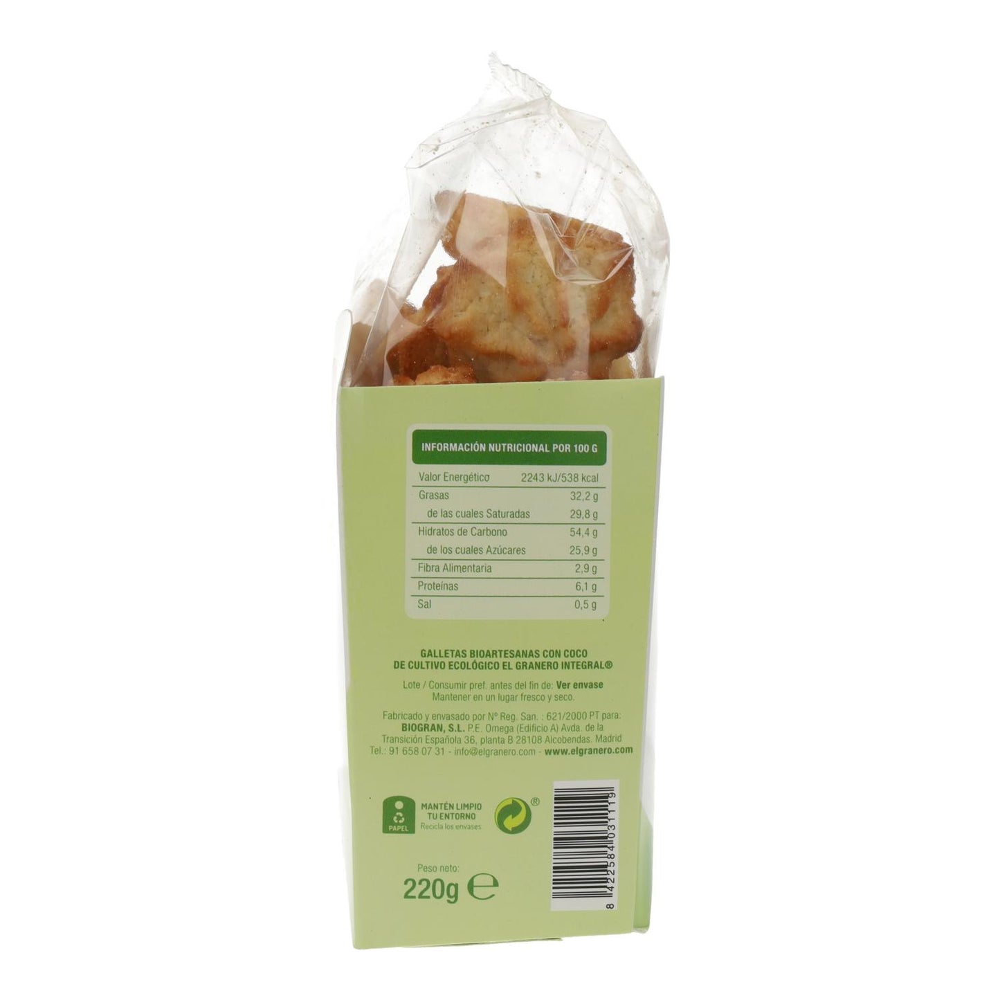 Handgemachte Kekse mit Bio-Kokosnuss El Granero, 220 g