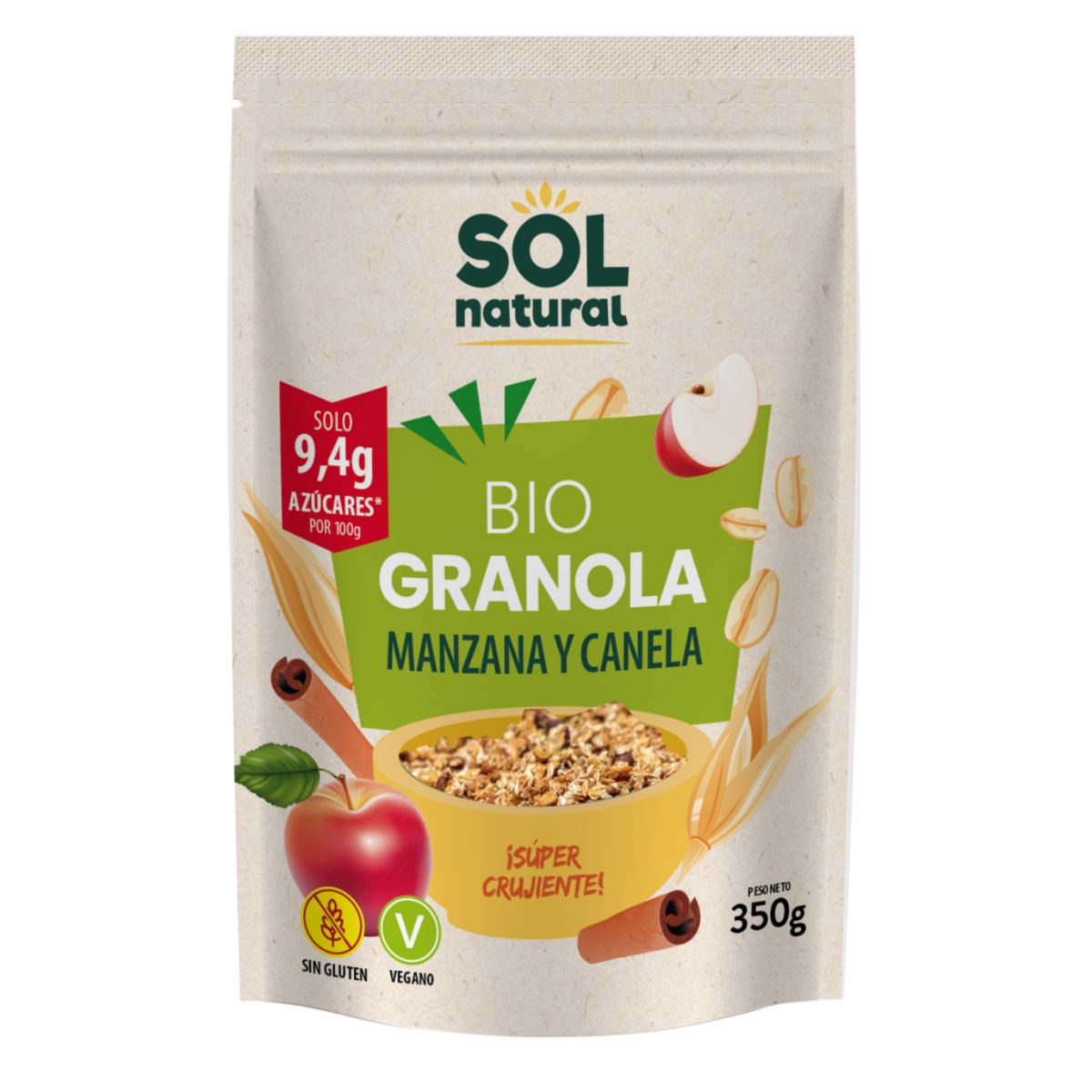 Granola di avena senza glutine mela-cannella biologica, Sol Natural, 350 g