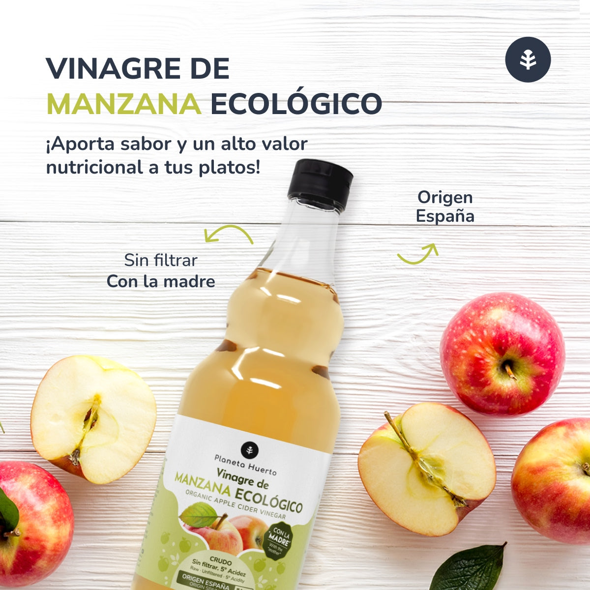 Unfiltered raw organic apple cider vinegar with the mother Planeta Huerto 1L