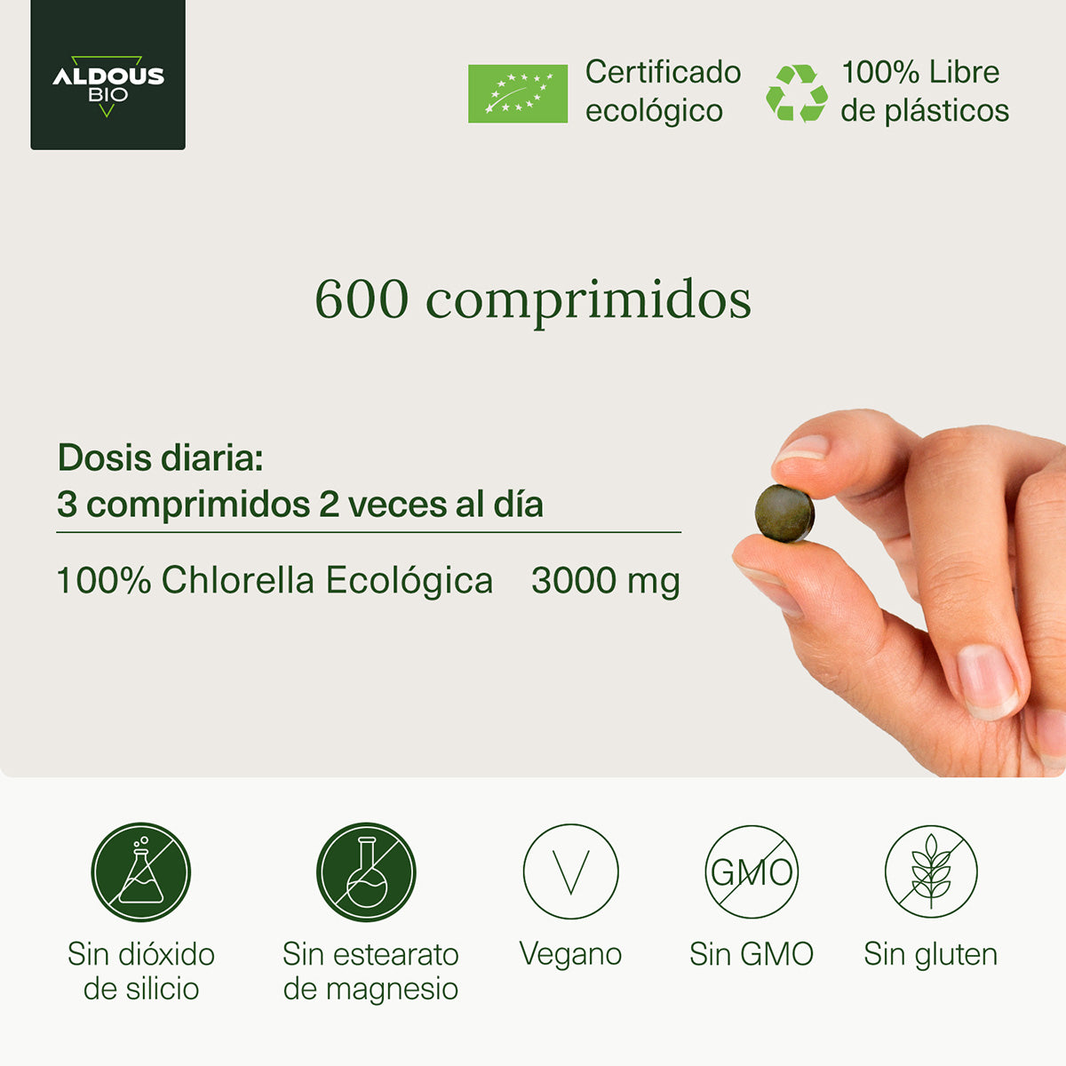 Chlorella écologique Premium, Aldous Bio, 600 comprimés
