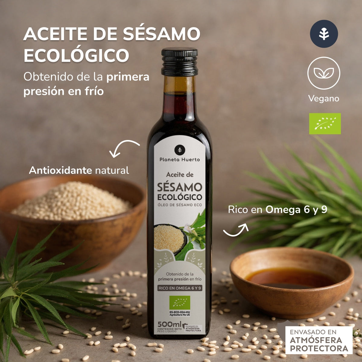 Confezione da 3 oli di sesamo spremuto a freddo ECO Planeta Huerto 500 ml