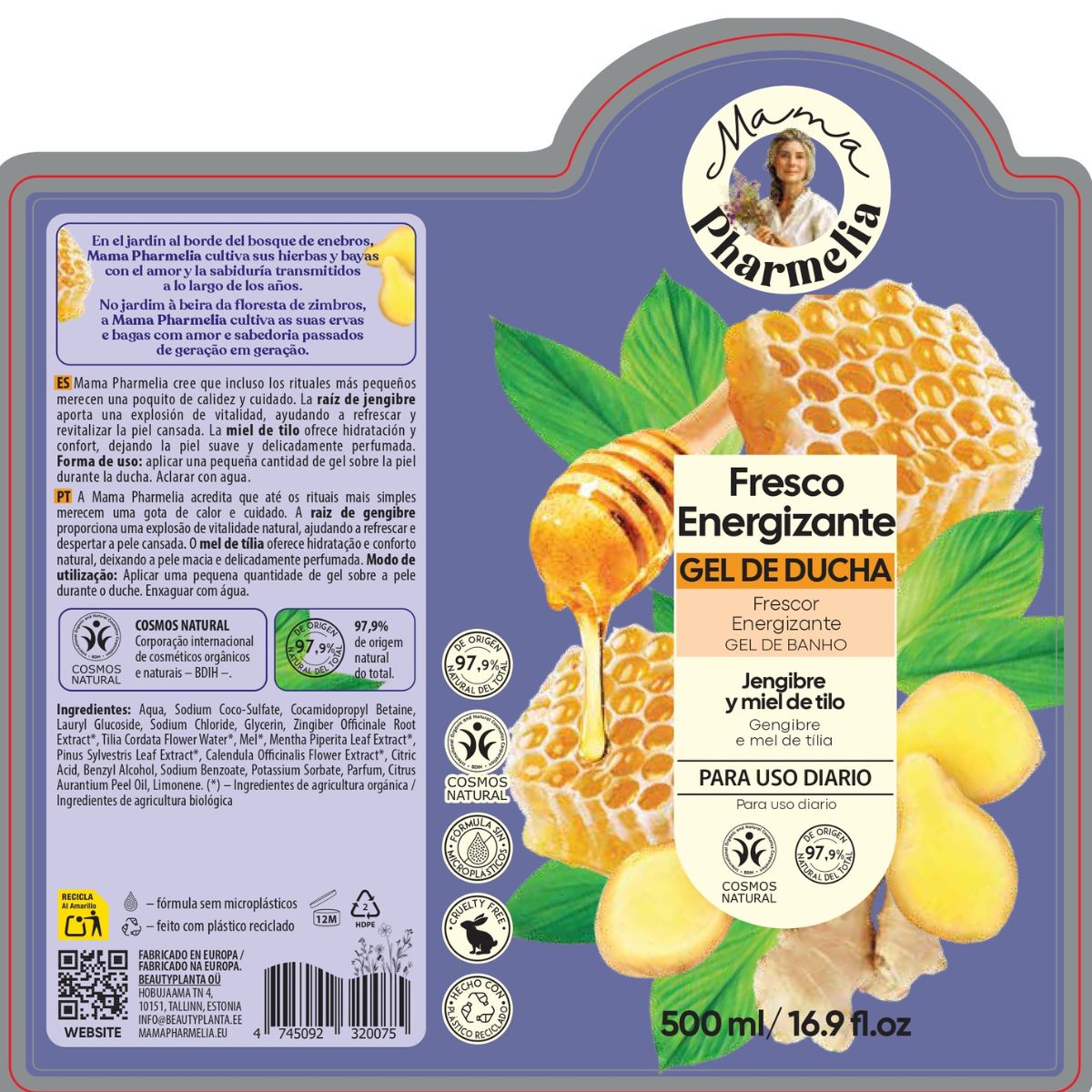 Gel doccia energizzante con zenzero e miele di tiglio, Mama Pharmelia, 500 ml