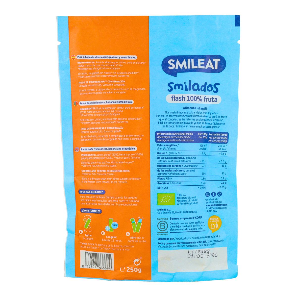 SMILADO ekologisk aprikos- och banan, barnglass 100 % frukt SMILEAT