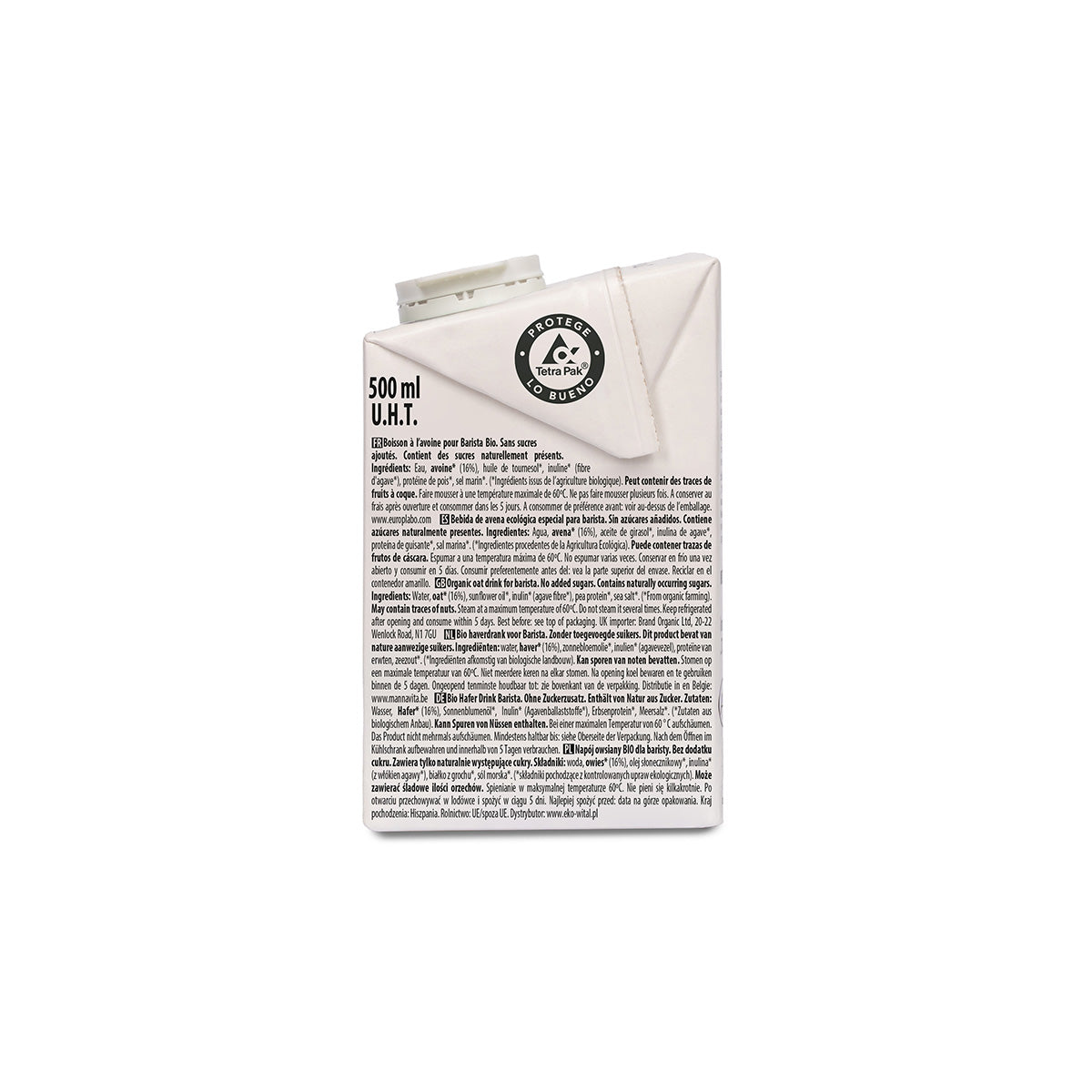 Boisson végétale à l'avoine Barista sans sucre Bio ECOMIL 500 ml