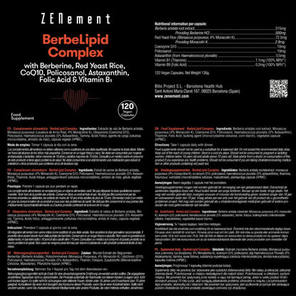 BeberLipid Complex con berberina, lievito di riso rosso, policosanolo, Q10, astaxantina, acido folico e vitamina B1 Zenement, 120 compresse