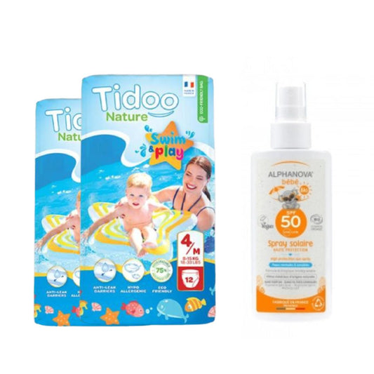 2er-Pack Swimmers Schwimmwindeln T4 (8-15 kg) Tidoo + Sonnenschutz für Babys LSF 50 Alphanova 125 ml