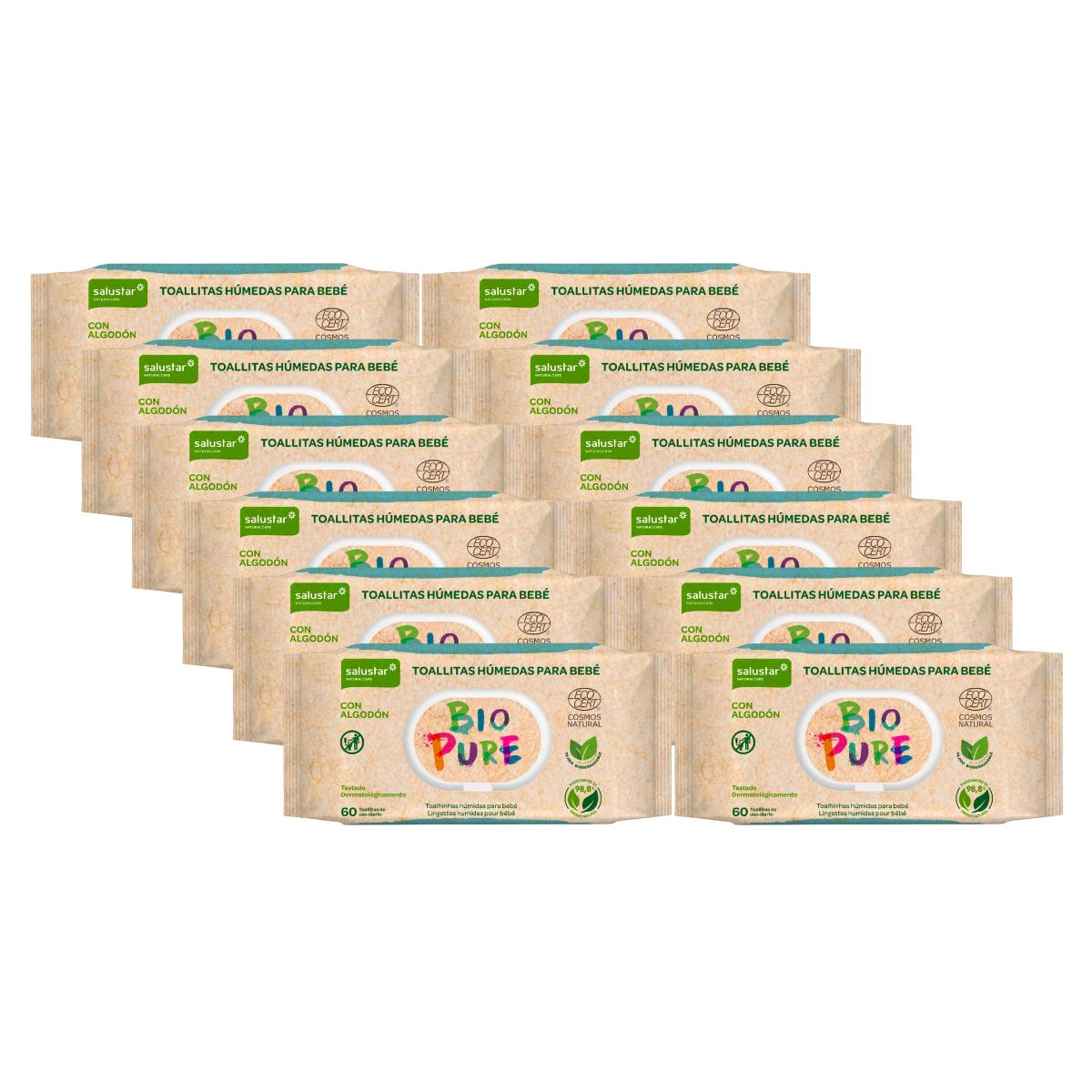 PACK OF 12x Salustar biodegradable Biopure baby wipes, 60 units