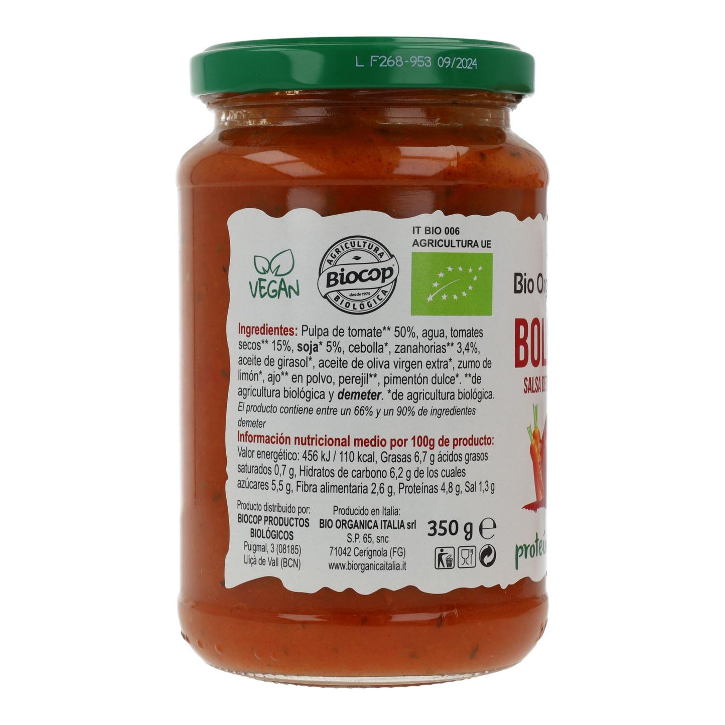 Salsa di pomodoro bolognese vegana biologica Demeter Organica Italia 350 ml