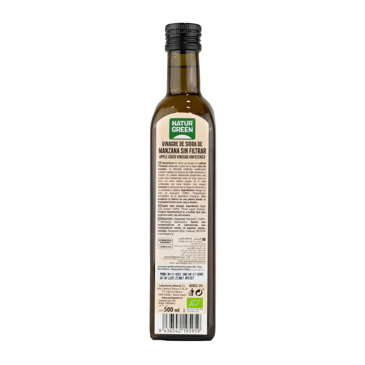 Lot de 6 bouteilles de vinaigre de cidre de pomme bio non filtré NaturGreen 500 ml