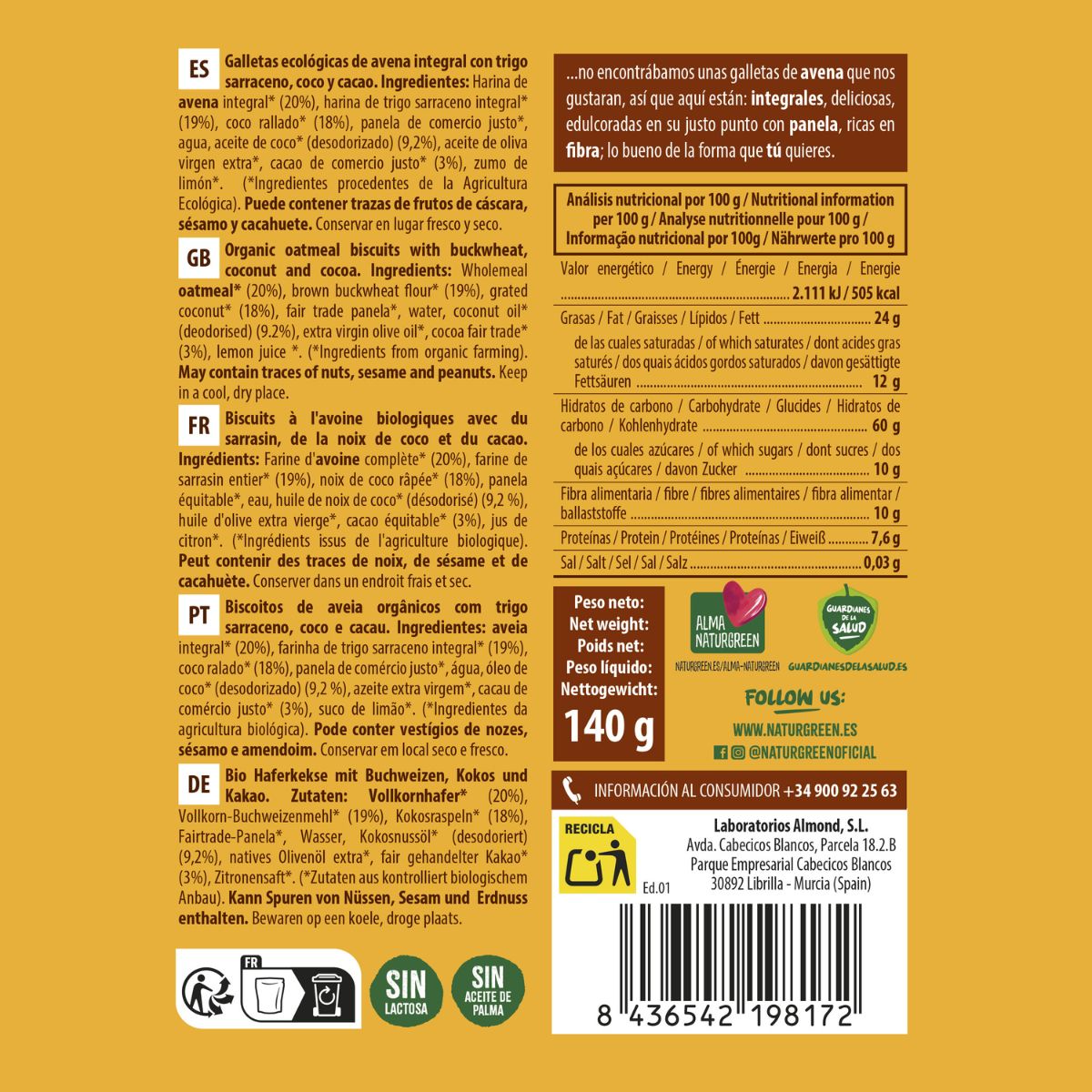 Biscotti integrali d'avena con grano saraceno, cocco e cacao biologico NaturGreen 140 g