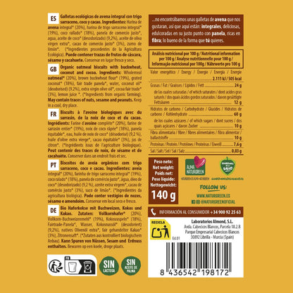 Biscotti integrali d'avena con grano saraceno, cocco e cacao biologico NaturGreen 140 g