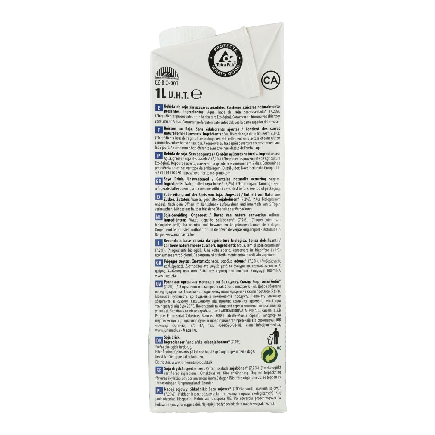 Pakket 6 x Nature BIO sojadrank zonder suikers NaturGreen 1 L