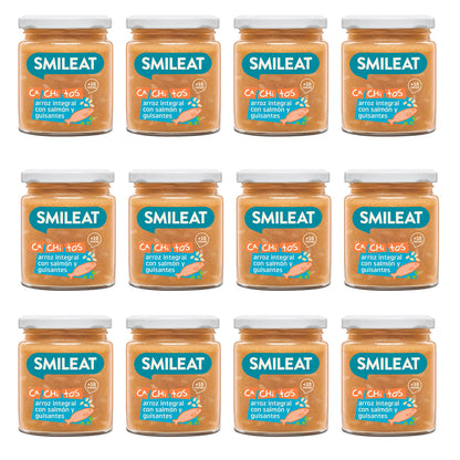 Confezione da 12 vasetti di riso con salmone e piselli ECO CA CHI TOS Smileat, 230 g