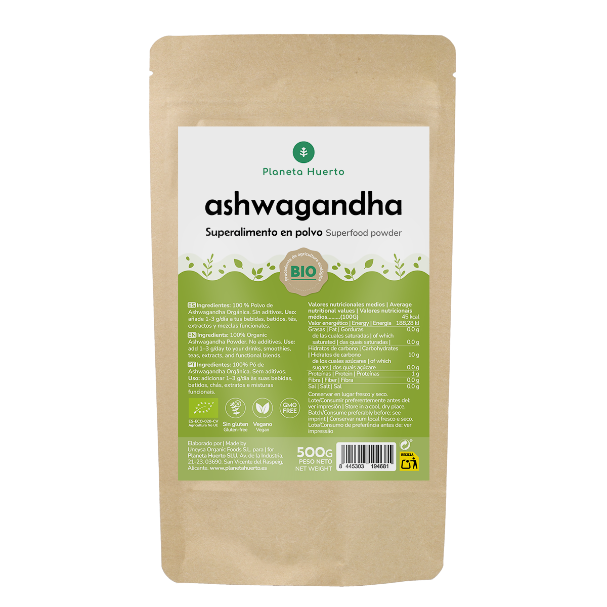 Poudre d'ashwagandha ECO Planeta Huerto 500 g