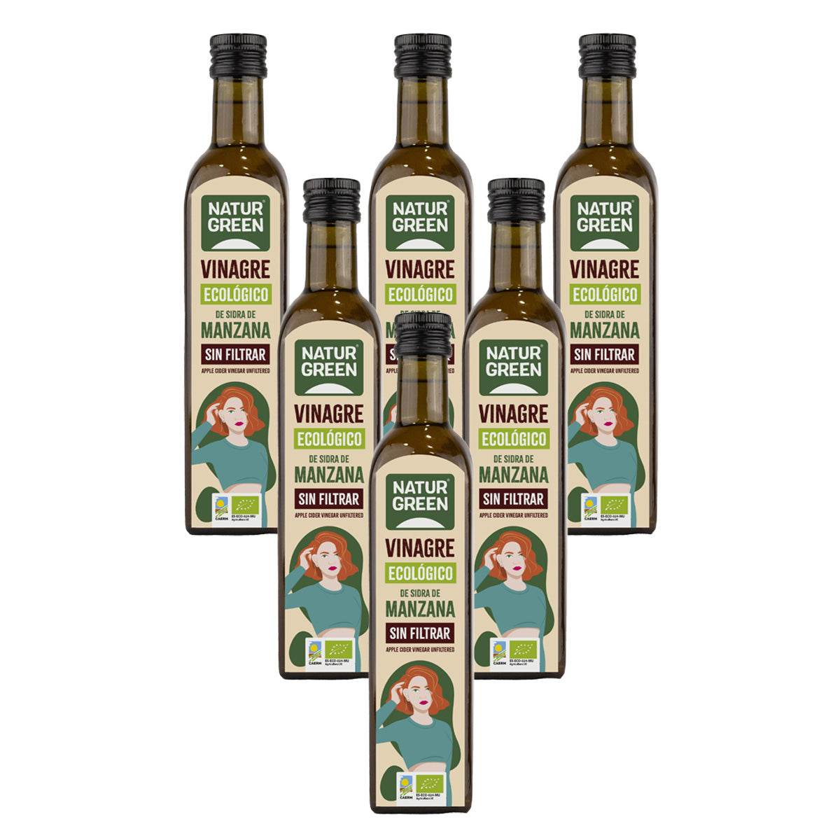 Lot de 6 bouteilles de vinaigre de cidre de pomme bio non filtré NaturGreen 500 ml