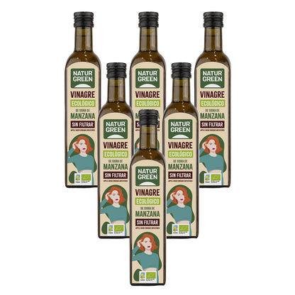 Lot de 6 bouteilles de vinaigre de cidre de pomme bio non filtré NaturGreen 500 ml