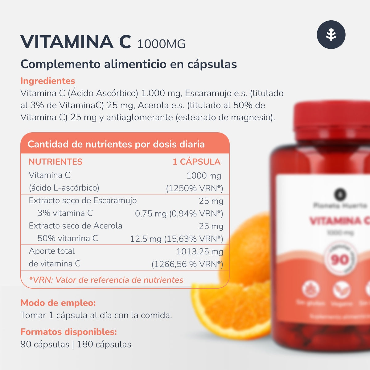 Förpackning 3xVitamin C 1000 mg Planeta Huerto 180 vegetariska kapslar