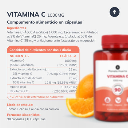 Förpackning 3xVitamin C 1000 mg Planeta Huerto 180 vegetariska kapslar